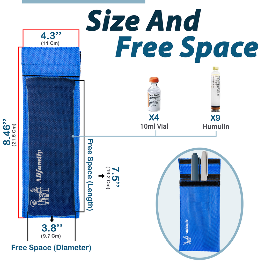 4AllFamily France - Chiller - Sac Isotherme pour Médicament et Insuline - Bleu - Taille Moyenne pour 2 stylos d'insuline - Capacité interne de stockage pour flacons et stylos d'insuline