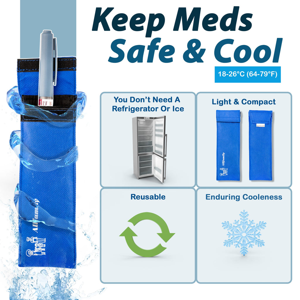 4AllFamily France - Chiller - Sac Isotherme pour Médicament et Insuline - Bleu - Petite Taille - Fonctionnement sans électricité ni congélation